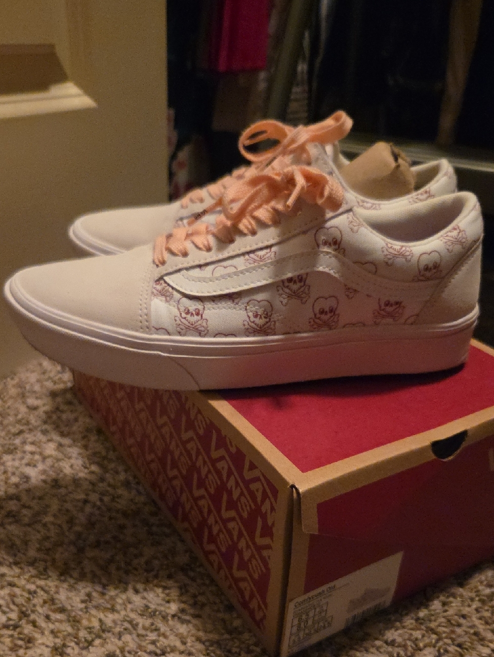 Vans Low-Top Sneakers in Cream with Pink Accents and Skull Heart Print